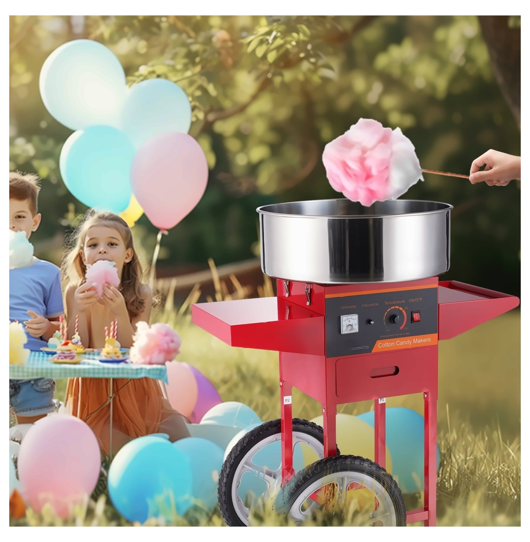 Cotton Candy Machine Commercial, 1000W Candy Floss Maker with Cart, Stainless Steel Bowl, Sugar Scoop, Red - for Parties, Events, Home Use