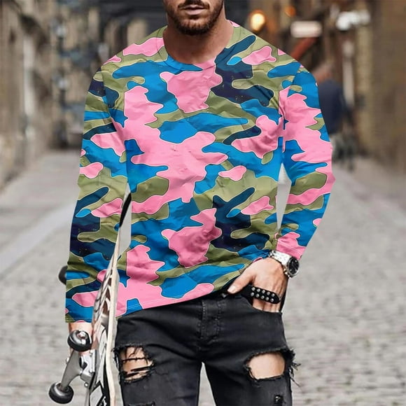 Styesk Mens Shirts Men's Camouflage Print Crewneck Casual Long-sleeved