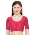 thumbnail image 1 of eloria Women's Art Silk Top Short Sleeve Blouse Deep Neck Top Sari Accessories Color: Pink | Size: 44, 1 of 5