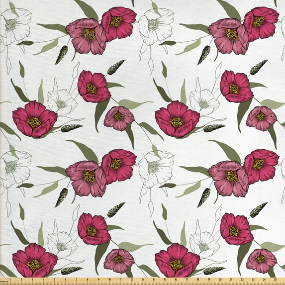 Floral Fabric by the Yard, Pink Gracious Poppy Pattern on Plain Background, Upholstery Fabric for Dining Chairs Home Decor Accents, Dried Rose Army Green by Ambesonne