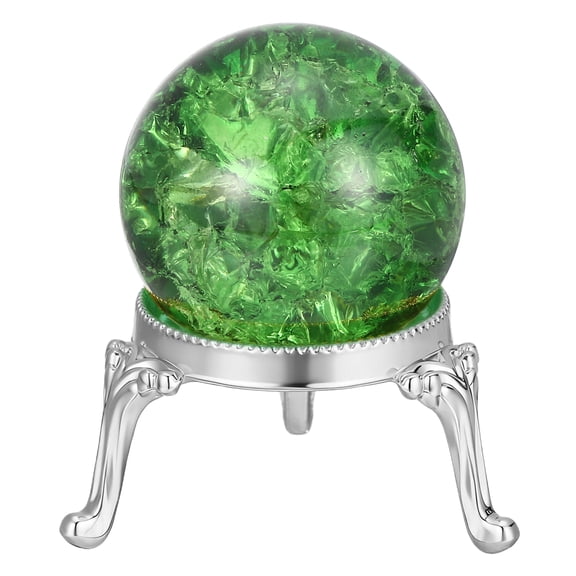Crystal Ball 40mm, Ice Cracked Glass Ball with Metal Stand, Decorative Crystal Sphere Glass Paperweight for Home Wedding Office Party Table Decor, Green/Silver