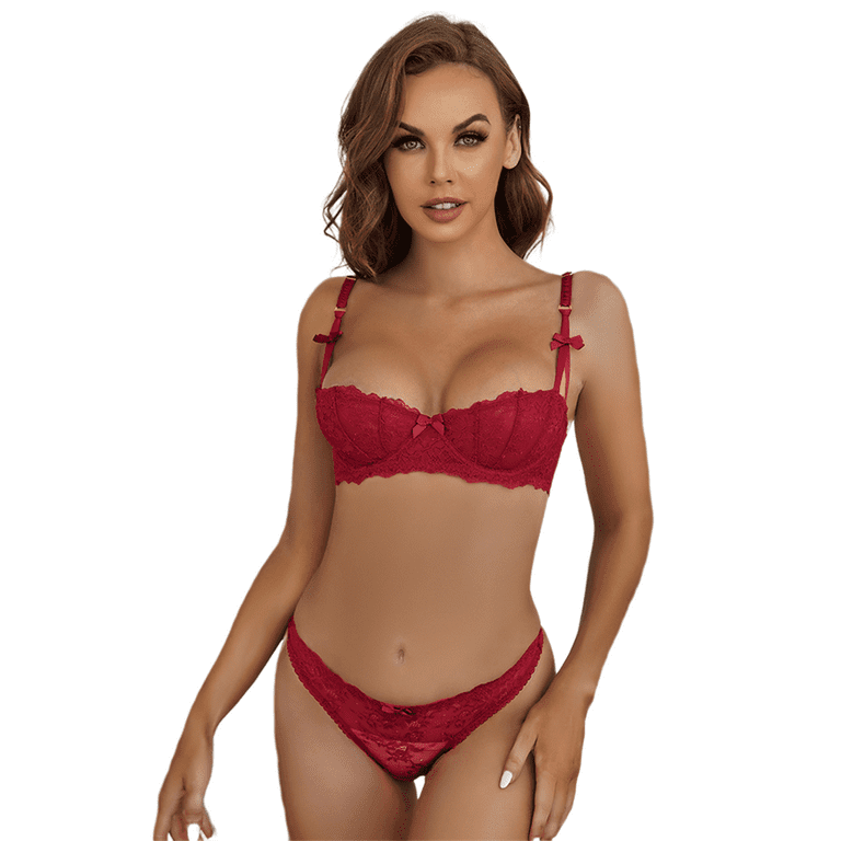 Varsbaby Women's Unlined Demi-Cup Bra Sexy Lace Bra and Panties Set See  Through Lingeire Set