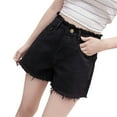 thumbnail image 2 of QATAINLAV Women's High Rise Frayed Hem Denim Shorts Solid Color Casual Short Jeans with Pockets Fashion Y2K Streetwear Black L, 2 of 3