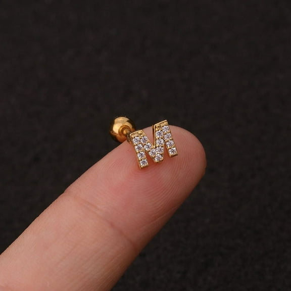 316L Surgical Stainless Steel Micro Pave Clear Cubic Zirconia Cartilage Earrings Golden Letter M 6mm Pin: 1.2mm