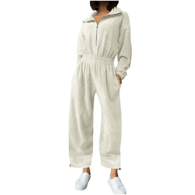 UPPADA Combinaison une Pièce pour Femme à Manches Longues, Demi-Glissière, Salopette à Jambe Grand, Tenues d'Automne, Survêtement, Tenue Décontractée, Blanc, G