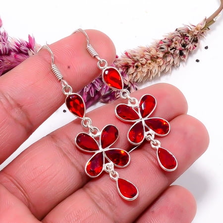 Red Garnet Gemstone 925 Sterling Silver Handmade Earring 2.26" E311