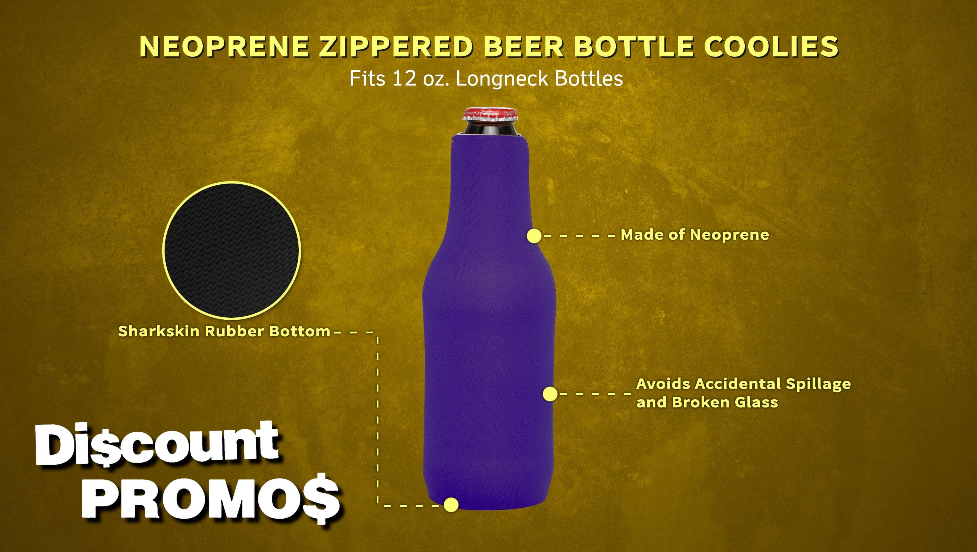 10 Neoprene Zippered Beer Bottle Coolies Pack - Sharkskin Rubber Bottom - Purple