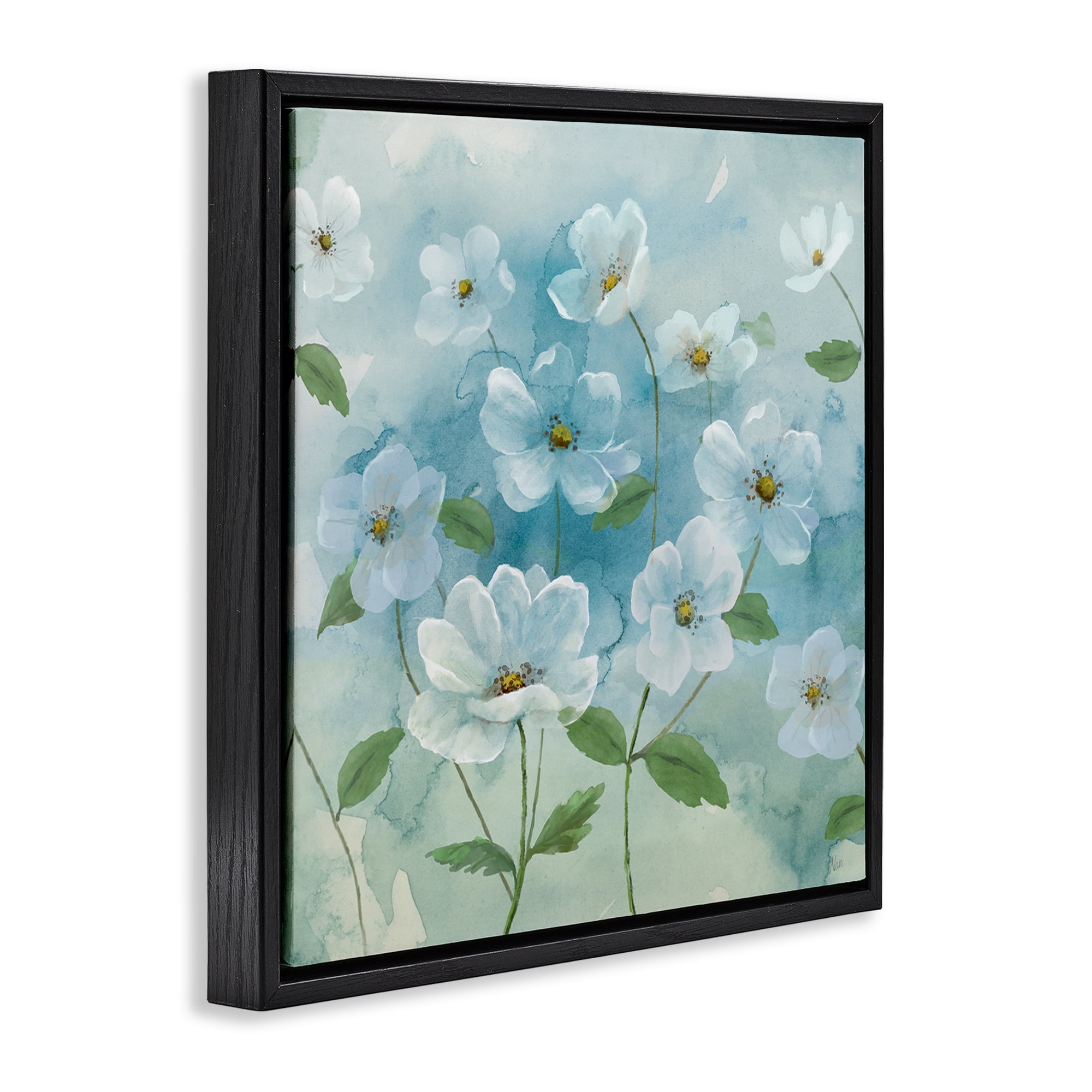 Stupell Industries Lovely Flowers on Blue Plants & Flowers Painting Black Floater Framed Canvas Art Print Wall Art, 18 x 18
