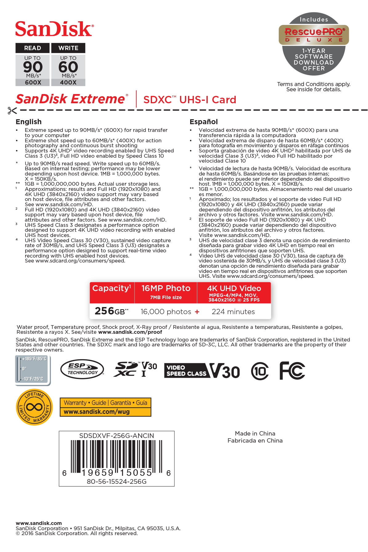 SanDisk 256GB Extreme SDXC UHS-I Card SDSDXV5-256G-GNCIN SD Card C10 V30 4K UHD U3 