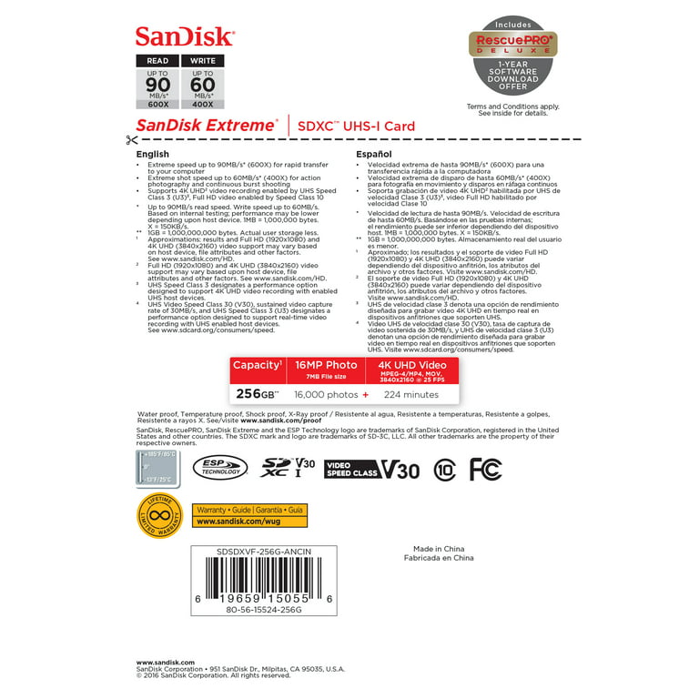 SanDisk 256GB Extreme SDXC UHS-I Memory Card - 90MB/s, C10, U3