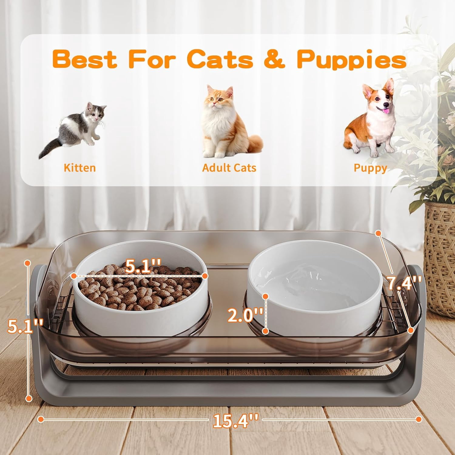Elevated Cat Bowl, Raised Ceramic Dish, 100% Waterproof Cat and Dog Bowls, 15° Tilted Raised Stand Slip Resistant Raised Edges, Catch Water, Food Mess, No Spills