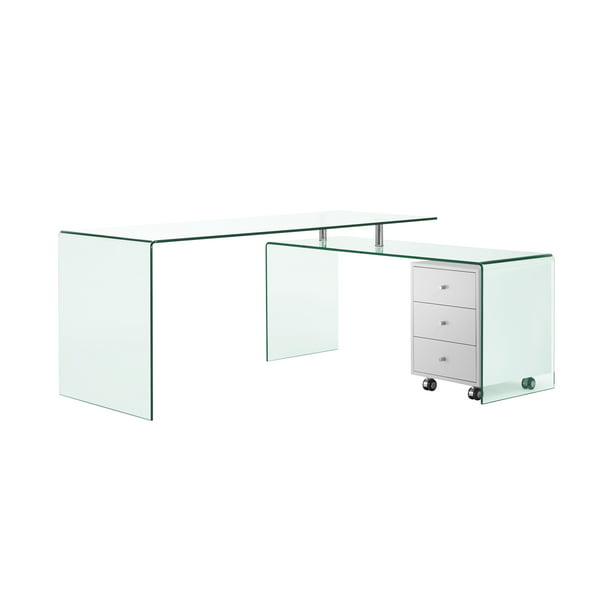 Rio Office Desk In Clear Glass, L Shaped Glass Computer Desk With Drawers