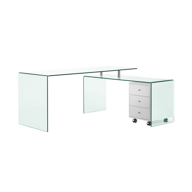 Casabianca Home Rio Office Desk In Clear Glass With High Gloss White Lacquer Movable Drawers Color W Size Com Rio Office Desk In Clear Glass, L Shaped Glass Computer Desk With Drawers