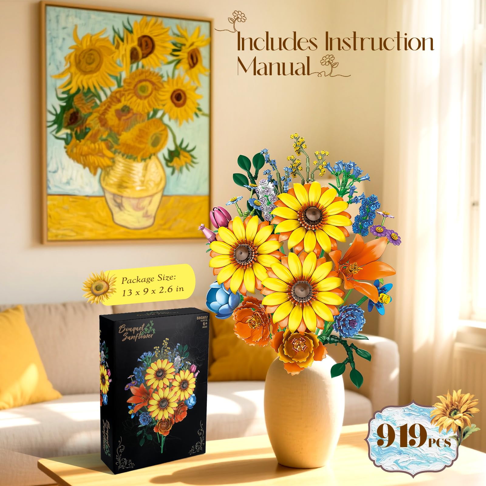 Flower Bouquet Building Set, Sunflowers Botanicals Collection(919PCS) Compatible with Lego - Perfect Mother's Day Gift for Mom, Building Block Toy for Adults Women