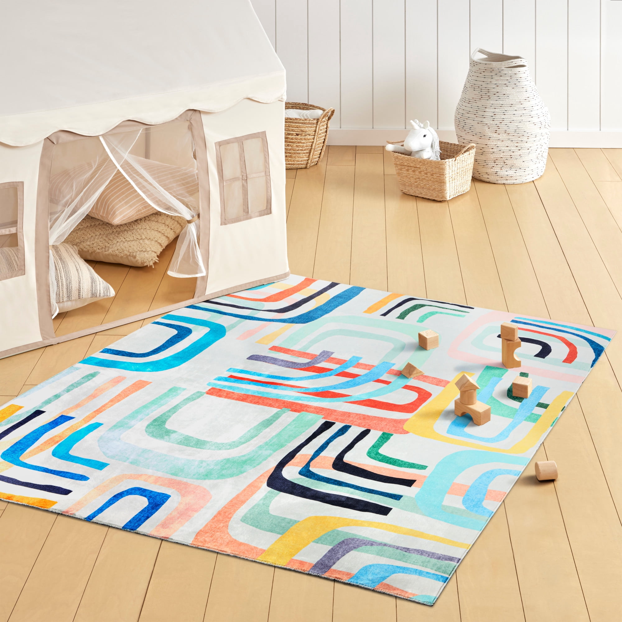 TOWN & COUNTRY PLAY Jovie Rainbow Party Kid's Washable Area Rug, Soft & Plush, Safe Non-Slip Backing, Bedroom Rug, Dorm Decor, Playroom & Classroom Rugs, Blue/Multi, 3'3"x5'2"