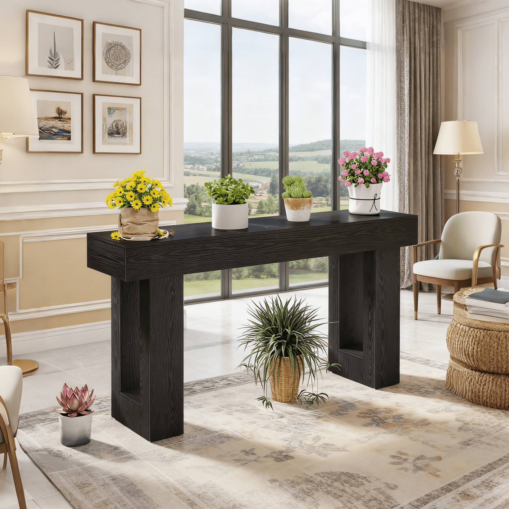 Fnova 63" Long Console Table, 2-Tier Wooden Narrow Rectangular Sofa Table Behind Couch, Farmhouse Entryway Table for Entrance, Hallway, Living Room