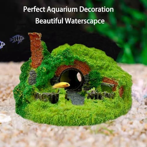 Fish Tank Hobbit Decorations,Resin Small Fish Cave Hideout House,Aquarium Decor Hide Hole Shelter Castle Ornaments Mini Garden Decorating Accessories