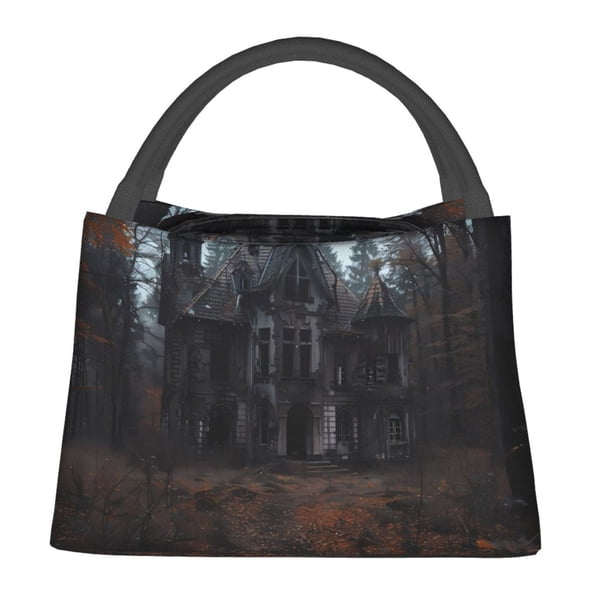 Fotbe Gloomy Mansion Forest Scene Bolsa Térmica Portátil con Estampado, Bolsa de Entrega de Alimentos Aislada, Bolsa Reutilizable de Gran Capacidad para Comidas y Supermercado