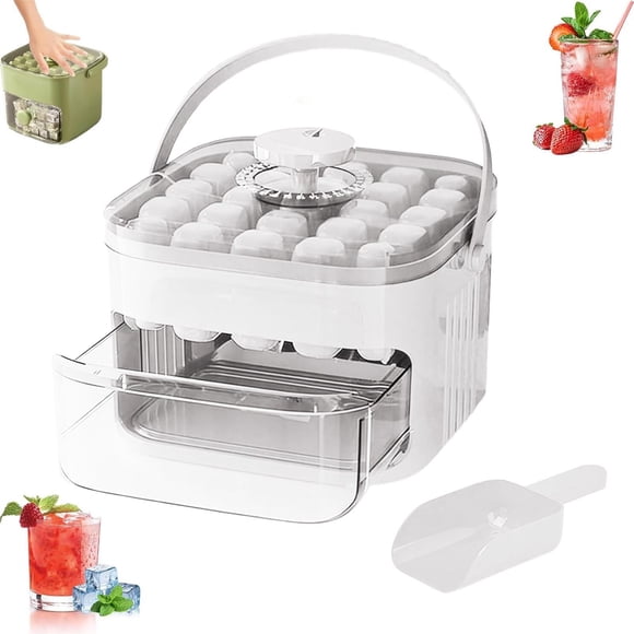 Easy Press Ice Maker, Ice Mould, Press Ice Trays for Freezing Steps with Bin and Scoop | Portable with Handle, Easy Release without Cool Cube Maker for Cocktail, Whisky(White)