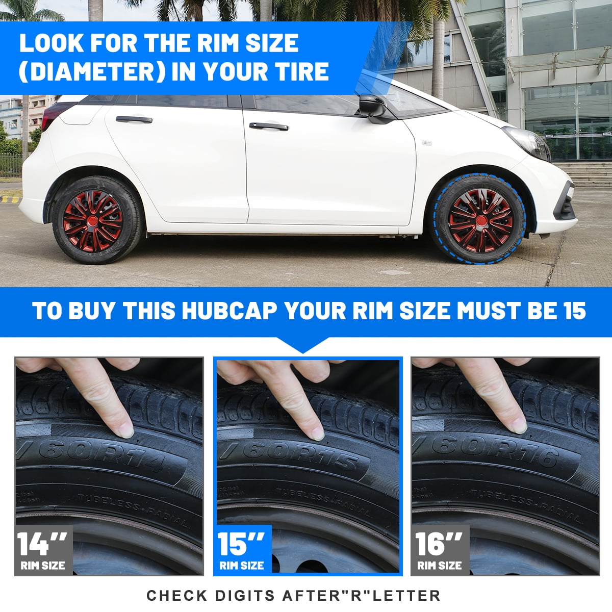 15" Black & Red Hubcaps/Wheel Covers for Most Cars,Set of 4 Snap on Car Truck SUV Hub Cap,ABS Material