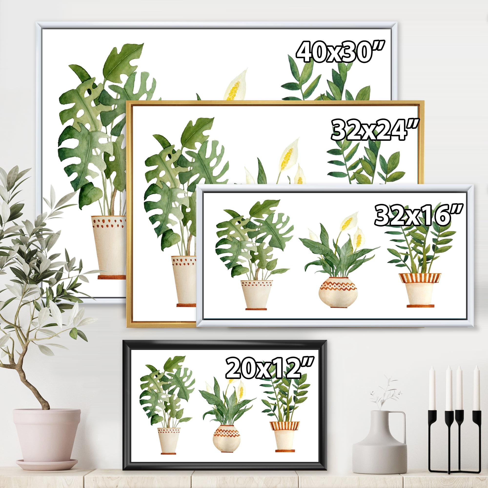 Designart 'Houseplant Peace Lily In Terra Cotta and Monstera' Farmhouse Framed Canvas Wall Art Print