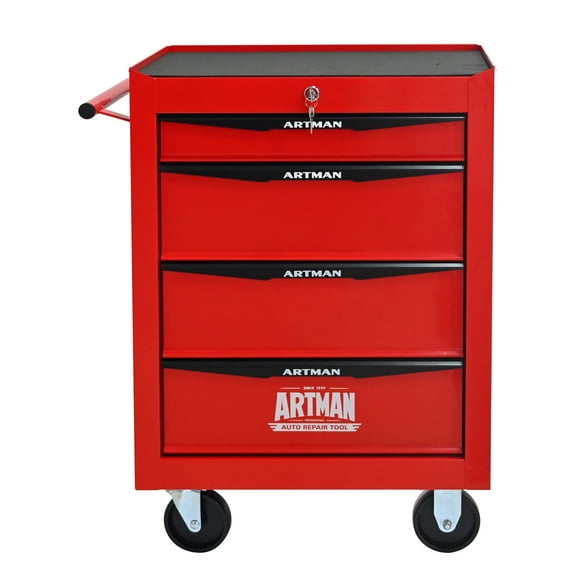 POVANL 4 Drawers Portable Tool Cart with Key Locking, Ball Bearing Drawer Slides and 4 Steering Wheels (2 with Parking Brakes), Steel Tool Box, 200lbs Load for Garage, Workshop and Repair Shops (Red)