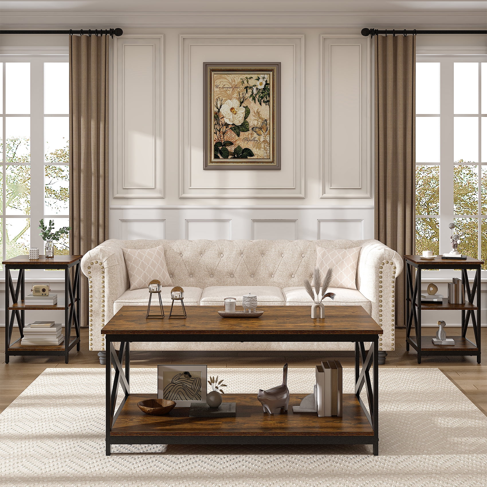 Frmobepts Living Room Coffee Table Set of 3, Modern Coffee Table and 2 End Side Tables, 3 Piece Living Room Table Set with Large Storage for Apartment Home, Retro