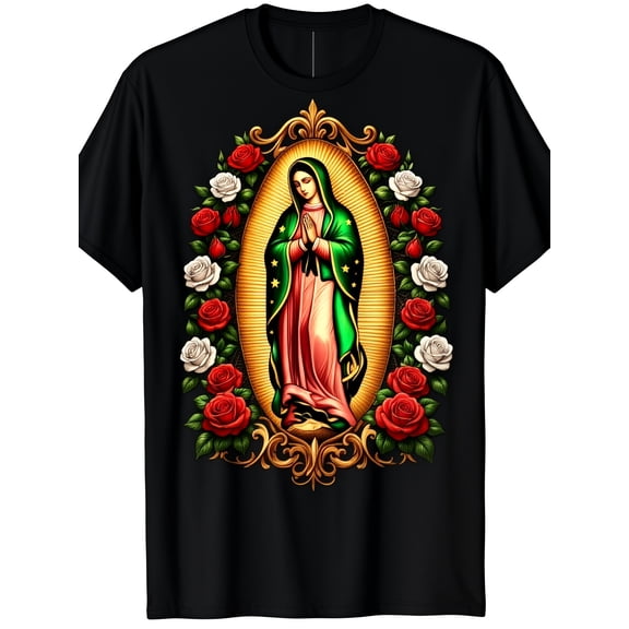 Men's & Women's Our Lady of Guadalupe Graphic T-Shirt, Catholic Christian Faith Religious Tee, Vintage Floral Virgin Mary Print, Soft Crew Neck Short Sleeve Casual Shirt, Inspirational Gift