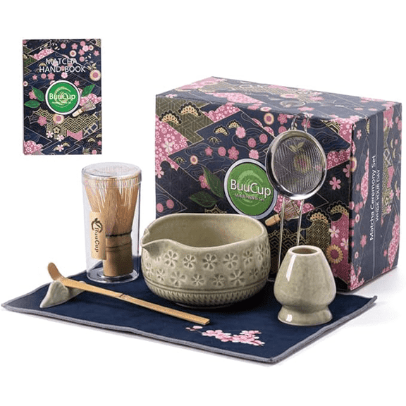 Matcha Whisk Set, Ceramic Matcha Set Includes Matcha Bowl, Matcha Whisk and Holder, Bamboo Scoop, Scoop Rest, Sifter and Tea Towel - 7 Pcs Matcha Kit for Matcha Lovers
