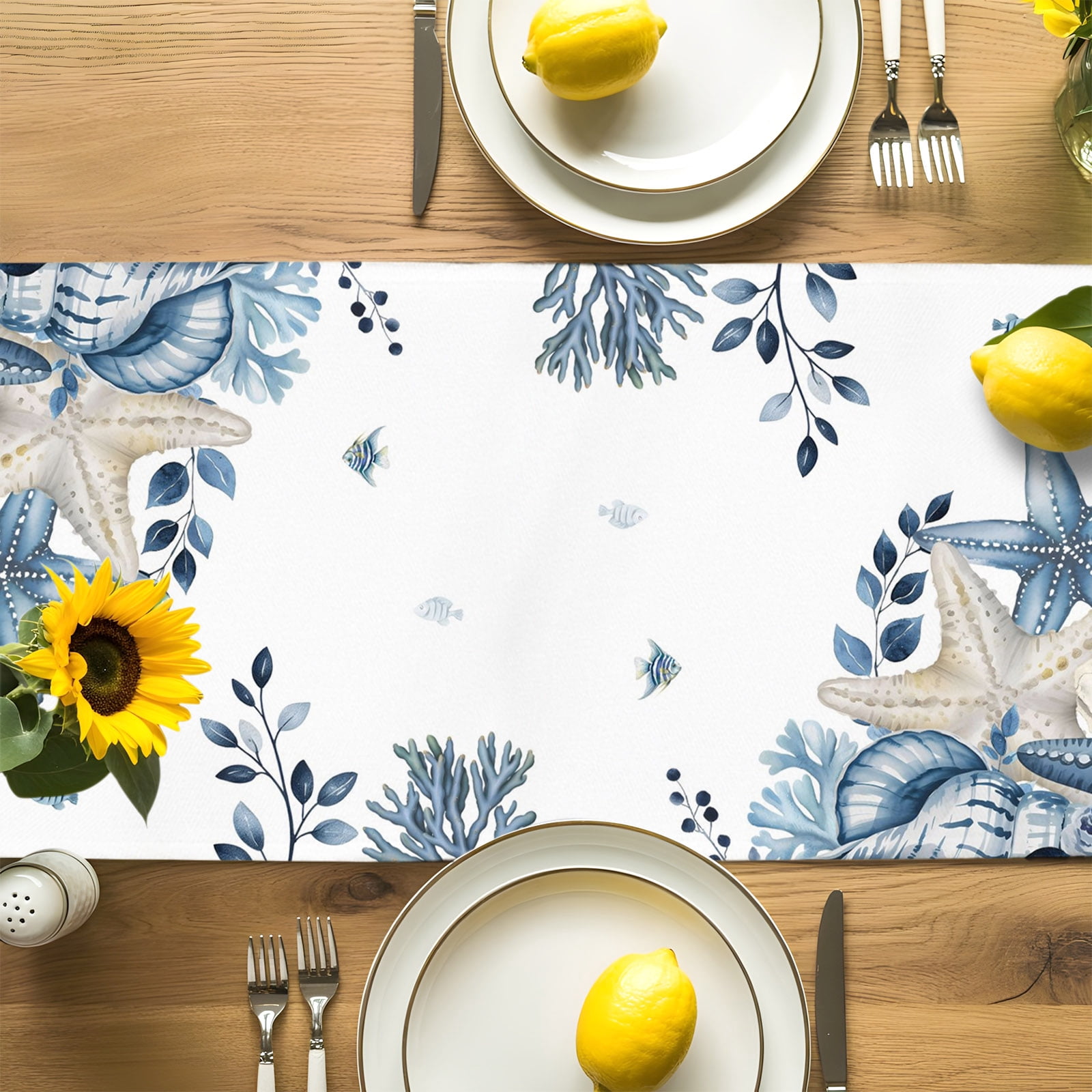 Coastal Table Runner, Ocean Blue Beige Starfish Shells Eucalyptus Leaves Cotton Linen Table Cloth, Tablerunner for Kitchen Dining Party Wedding Home Decor 13x90 Inch