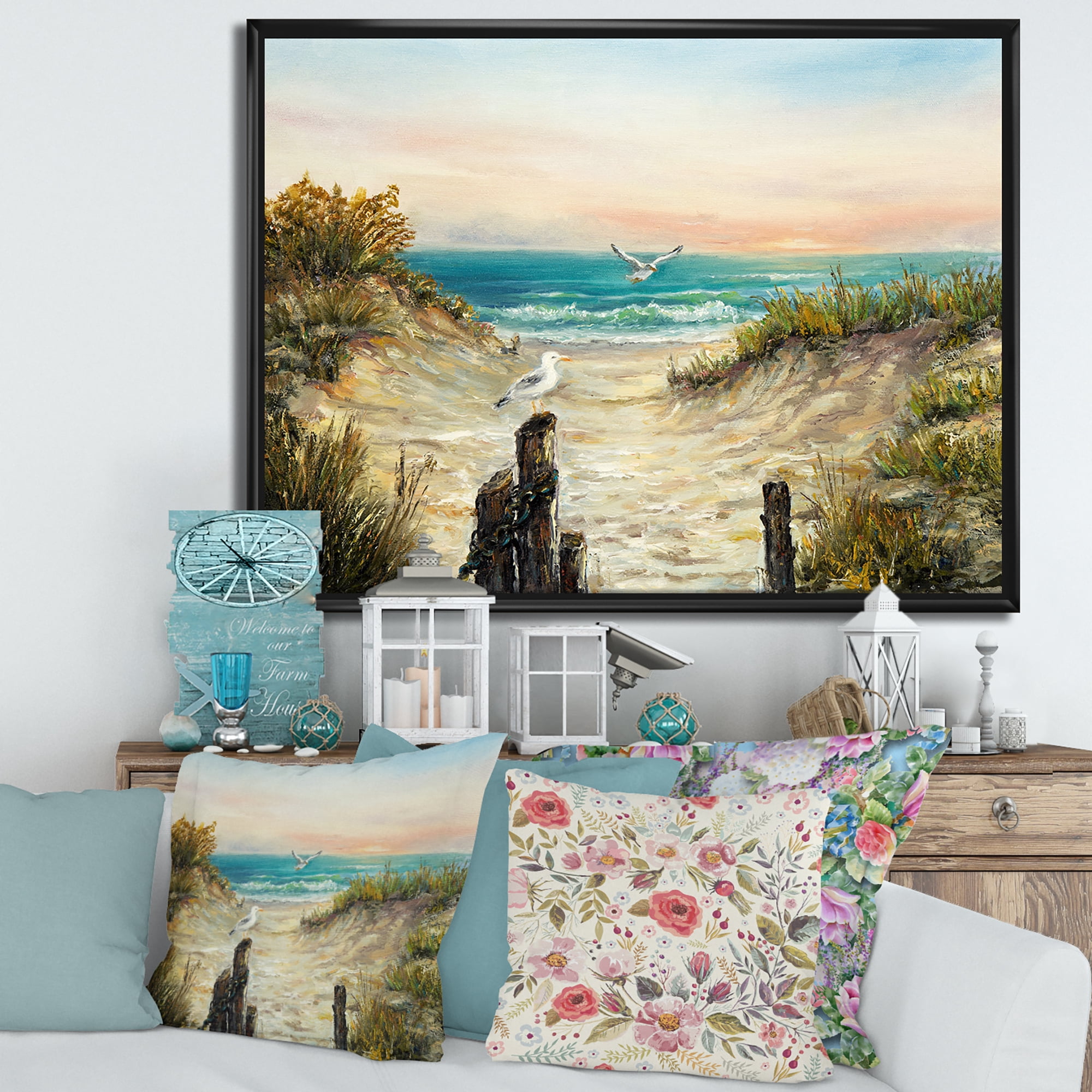 Ocean Dunes During Pink Sinset on Beach 32 in x 24 in Framed Painting Canvas Art Print, by Designart