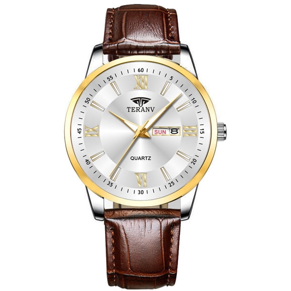 Men's watch with butterfly clasp, stylish ultra-thin business watch with stainless steel strap, dual calendar, luminous, waterproof quartz watch, PU leather watch