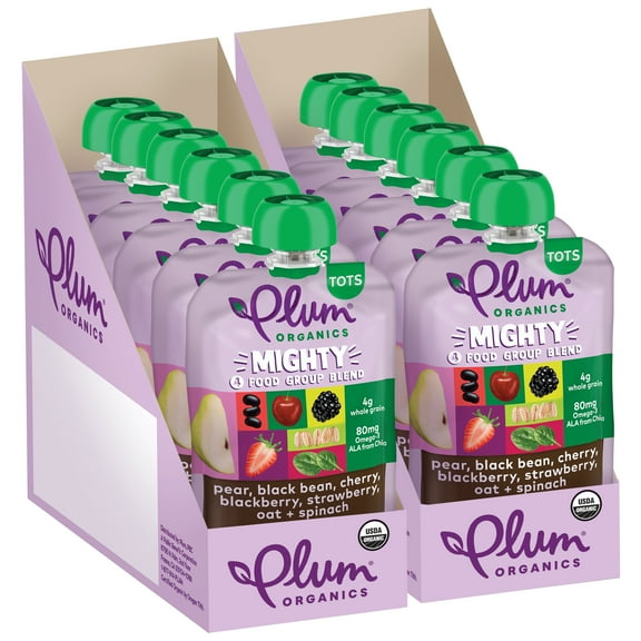 Plum Organics Mighty 4 Organic Toddler Food, Pear, Cherry, Blackberry, Strawberry, Black Bean, Spinach, and Oat, 4 oz Pouch - Case of 12