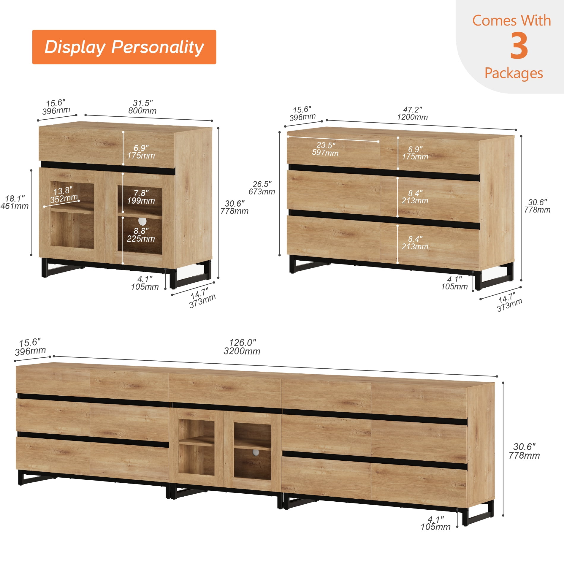 3 In 1 Multifunctional Chest of Drawers, Glass Door Dresser with 13 Drawers and Adjustable Shelves, Home Storage Cabinet Organizer for Bedroom,Oak