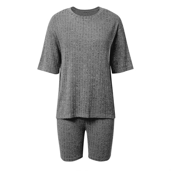 JIAYUE Women's 2 Piece Outfit Sets Plus Size Ribbed Knit Crew Neck Half Sleeve Top And Shorts Solid Color Comfortable Loungewear Set For Female