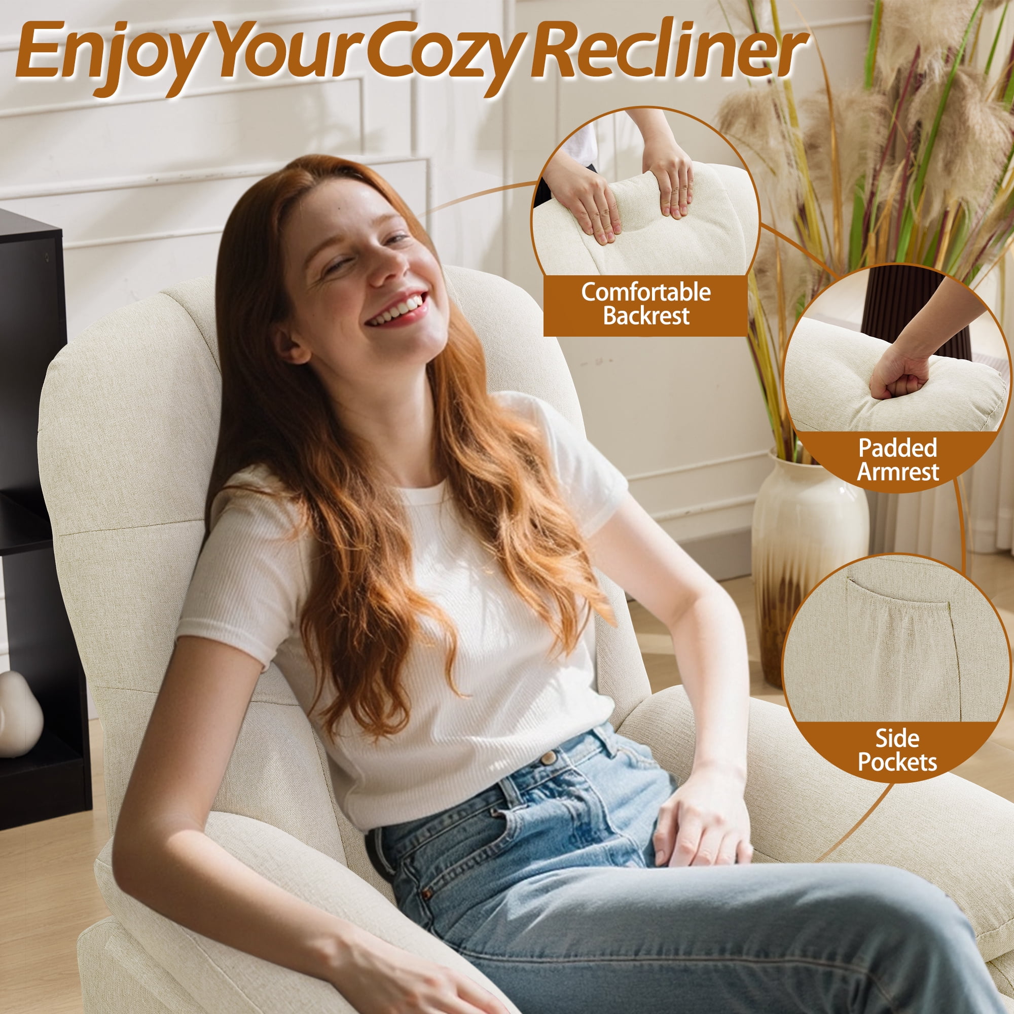 Korser Manual Swivel Rocker Recliner Chair for Living Room,Small Recliner Sofa for Small Spaces,Linen Fabric,Beige