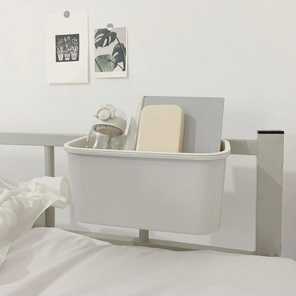 Organizador de cesta colgante para la mesilla de noche con ganchos | Contenedor colgante de plástico multiusos | Cabe litera, mesilla de noche, estantería | Sujeta teléfono, botella, mando a