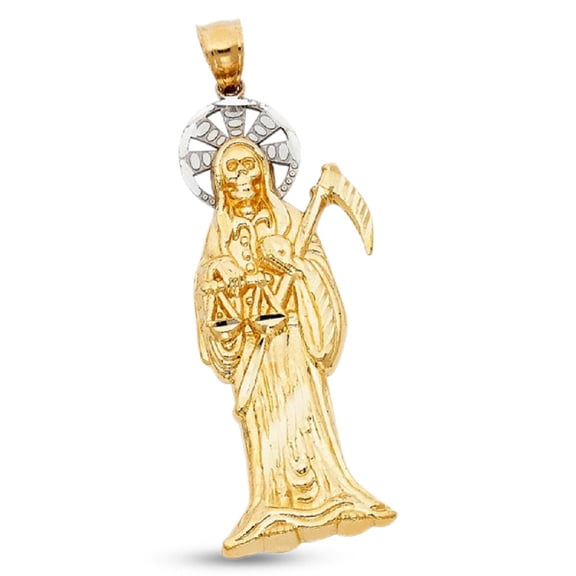 14k Yellow White Gold Santa Muerte Pendant Death Grim Reaper Charm Solid Two Tone 47 x 20 mm