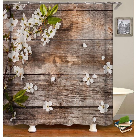 Rustic Flower Wooden Shower Curtain, Vintage Shabby Barn Door Board Bath Shower Curtains Modern Bathroom Set Curtain with 12 Hooks Waterproof Bath Decor 72 x 72Inches