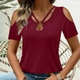 thumbnail image 4 of RYRJJ Womens Summer Cold Shoulder Tops Short Sleeve V Neck T Shirts Loose Dressy Casual Tunic Blouses Criss Cross Tees(Wine,L), 4 of 9