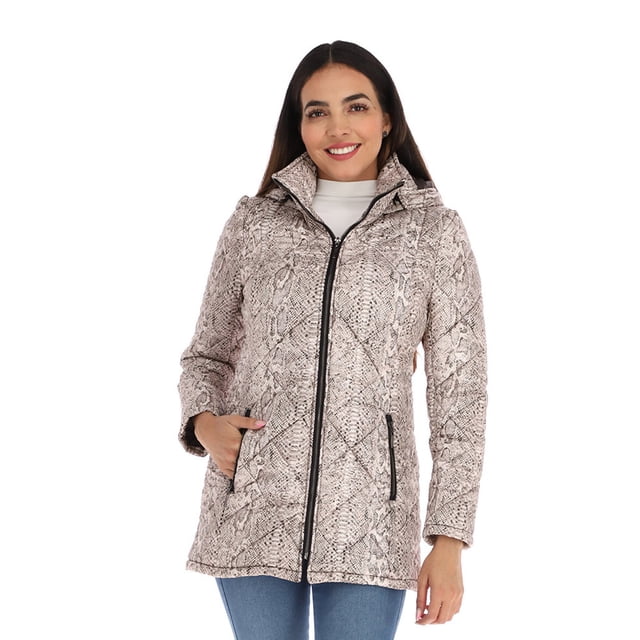 Chamarra capitoneada con estampado animal print y capucha integrada