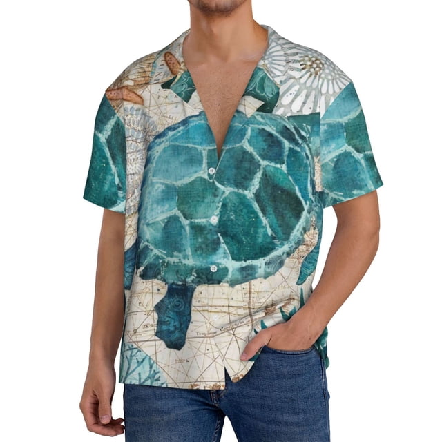 Balery Watercolor Sea Turtle Camisa Casual de Manga Corta con Botones para Hombre, Texturizada, Estilo Cubano, para Playa, Verano-3X-Large