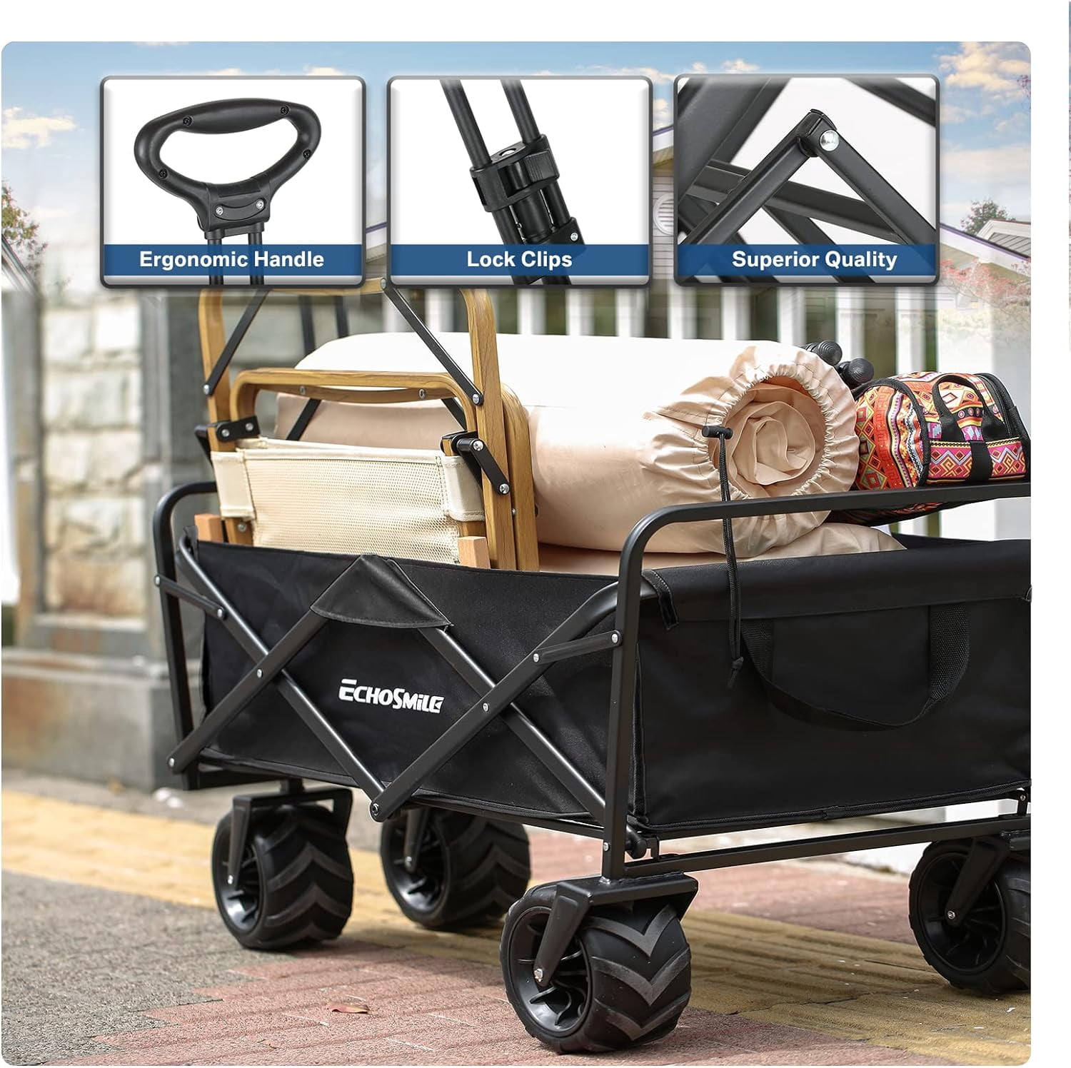 Heavy Duty 350 Lbs Capacity Collapsible Wagon, Outdoor Folding Camping Wagons, Grocery Portable Utility Cart, Adjustable Rolling Carts, All Terrain Sports Wagon with Big Wheels