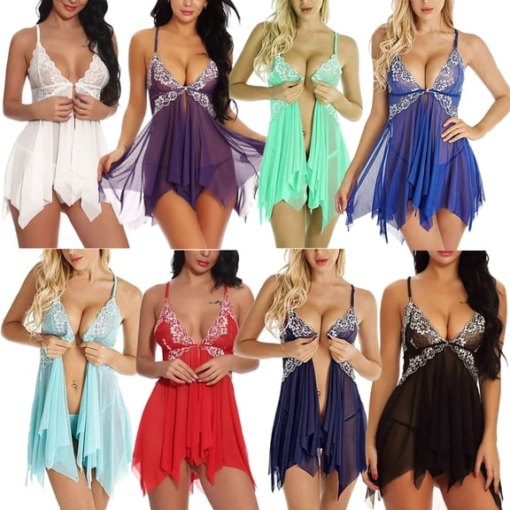Women's Lace Lingerie Front Closure Babydoll V Neck Nightwear Sexy Chemise Nightie Plus Size
