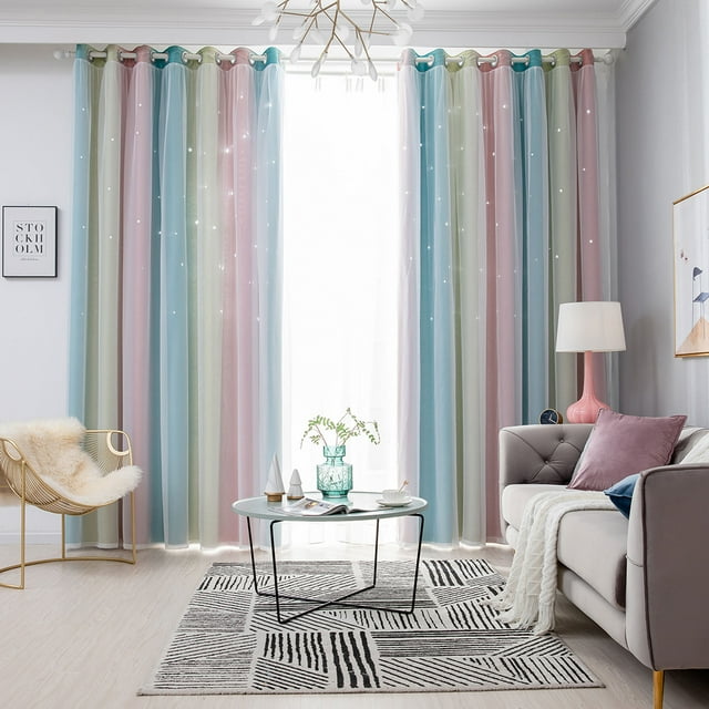 Yipa Room Darkening Blackout Curtain,2-Layer Gradient Color Window Drape,Hollow-Out Stars Curtain Panel,Grommet Ring Top Kids Girls Curtain