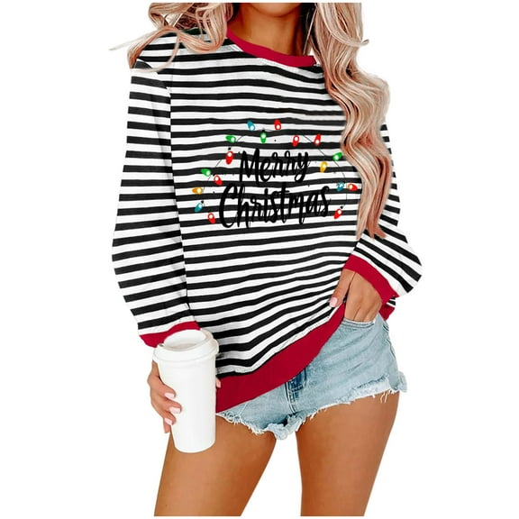 Womens Striped Xmas Shirt Merry Christmas Sweatshirt Crewneck Sweatshirts Holiday Long Sleeve Pullover Sweater