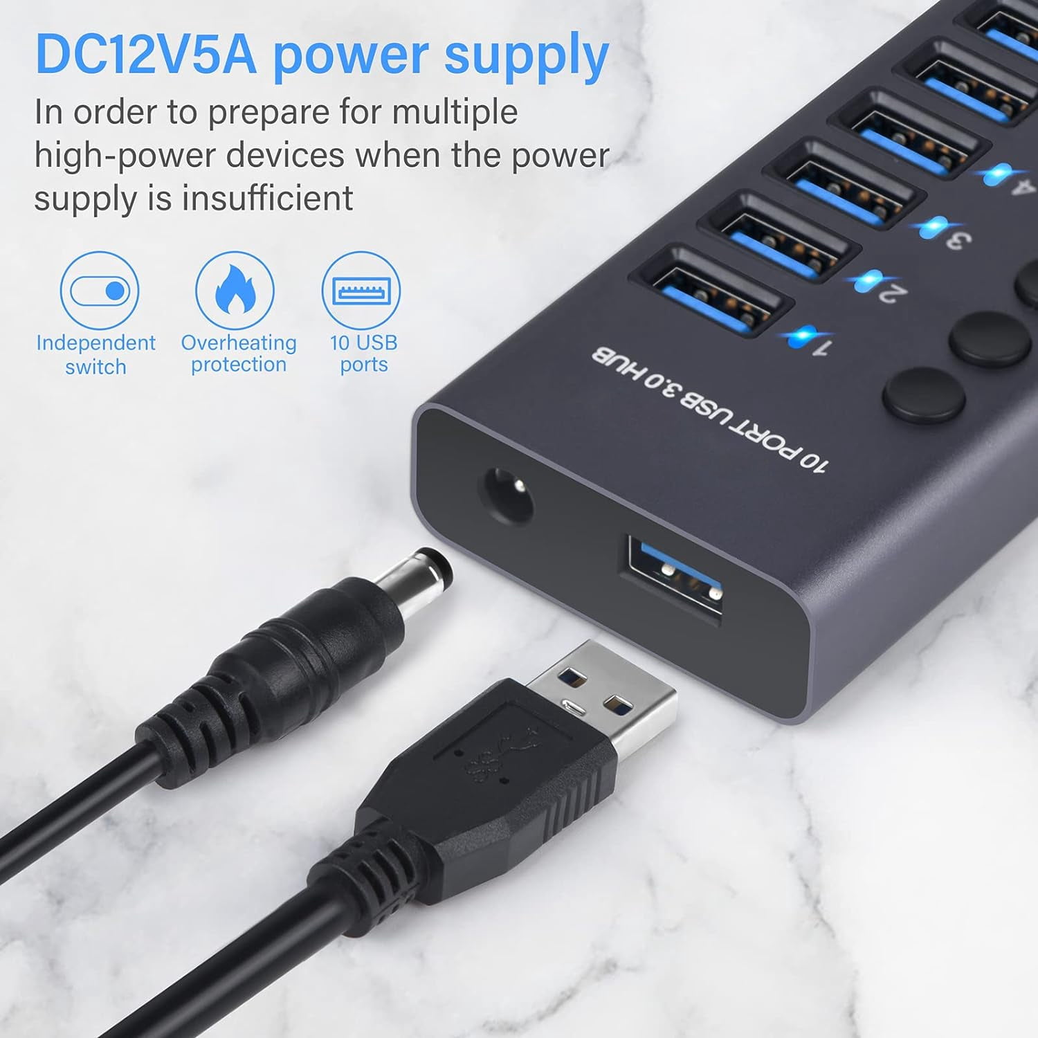 Powered USB Hub, AUBEAMTO Aluminum 10-Port USB 3.0 Hub with 10 USB 3.0 Data Transfer Ports, USB Splitter with Individual Switch and 60W (12V/5A) Power Adapter for Laptop, PC, Computer, Mobile HDD