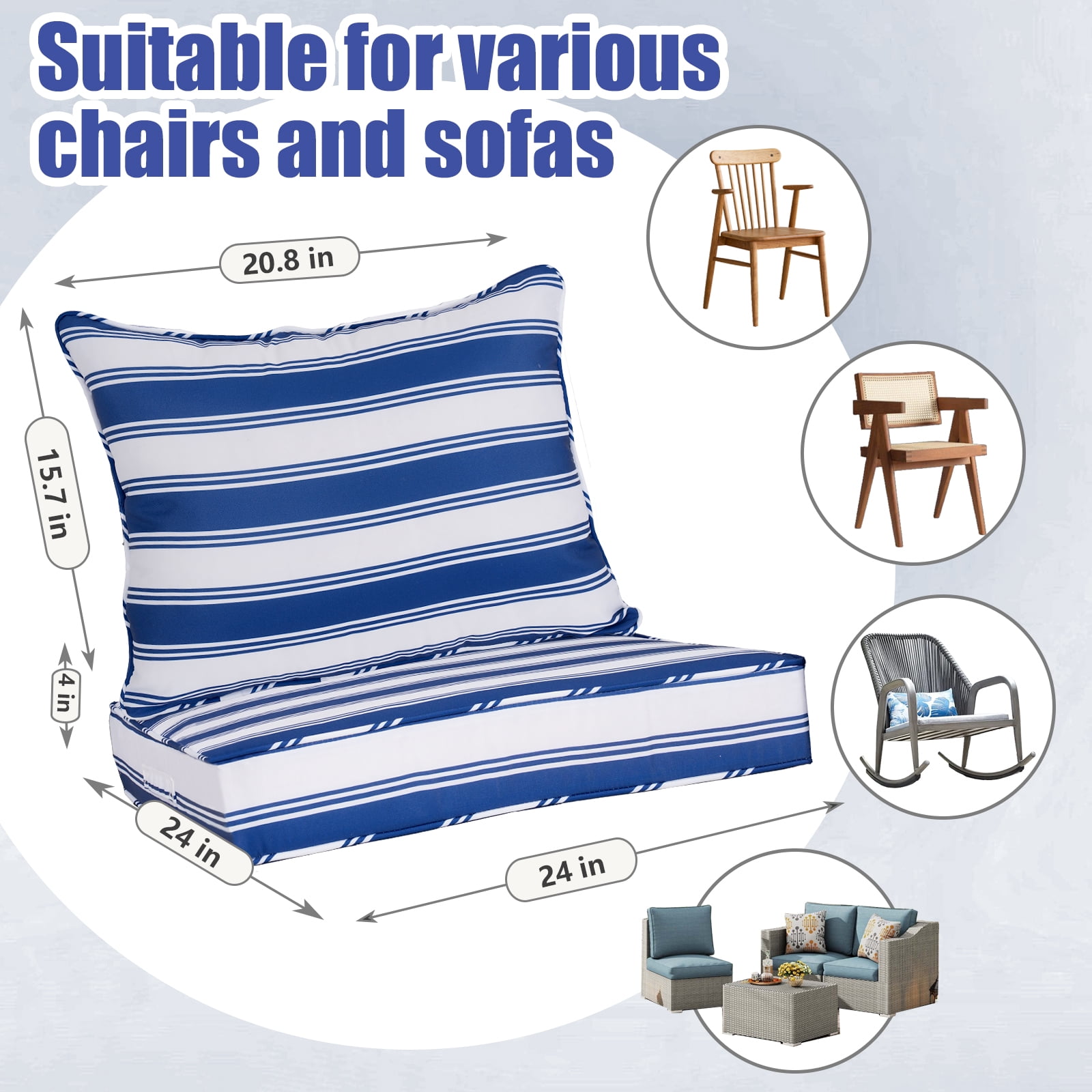 FKS LIFE Outdoor Deep Seat Cushion Set 24 x 24 x 4 Waterproof Fade Resistant with Back Patio Cushion for Chairs and Sofas(1 Set)