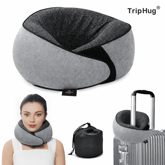 Memory Foam Neck Pillow, Ergonomic U-Shaped Travel Pillow, Breathable & Washable Cover, Storage Bag – for Office, Car, Plane, Bus — Grey