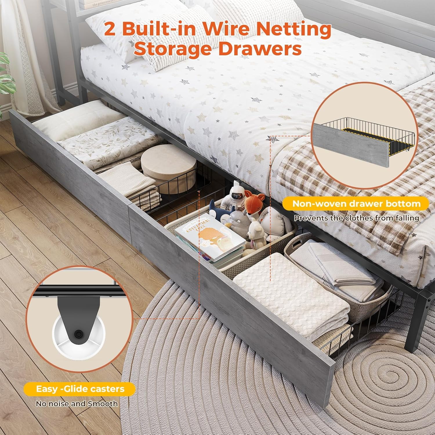 Aunfebrco Corner Full Bed Frame with 2 Drawers & Bookcase Storage, Full Size Daybed with Charging Station and Led Lights, Metal Platform Bed Frame for Living Room Bedroom, Gray